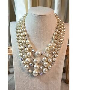 Multi Strand Pearl AB Crystal Necklace Japan Vintage Statement Bridal Romantic